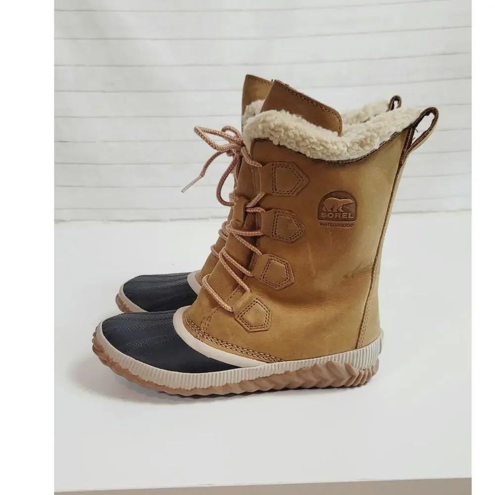 Sorel Out n About Plus Tall Waterproof Leather Snow Boot in Tan, sz 6